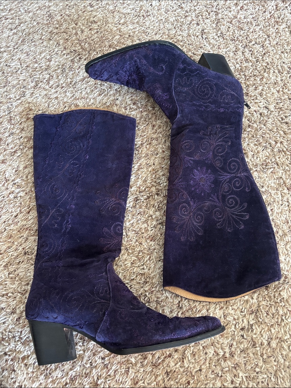 Artemis Design Co. Purple Suede Embroidered Mid-Calf Boots